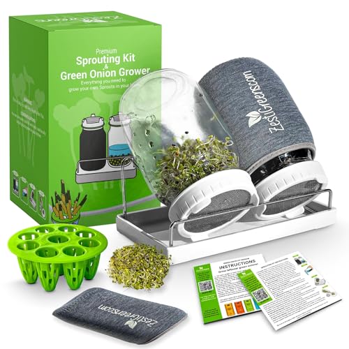 Premium Sprouts Growing Kit & Green Onion Regrower with 2 Mason Jars & Superior Sprout lids. Perfect Sprouter Set for Growing Broccoli, Alfalfa & Beans.