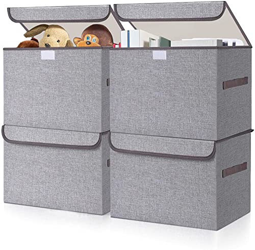 Bagnizer Large 22 Quart Linen Fabric Foldable Storage Bin Cube Organizer Basket with Flip-Top Lid & Handles, Clothes Blanket Box for Home, Office, Closet, Gray, 4 Pack 14.6 x 9.5 x 9.5”