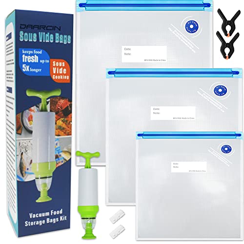 Sous Vide Bags 20pack Kit,Daarcin 3 Sizes Sous Vide Bag Kit with Pump-15 BPA Free Reusable Vacuum Sealer Bags-1 Hand Pump-2 Zipper Clips-2 Clamps for Food Storage and Sous Vide Cooking