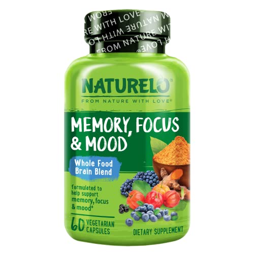 NATURELO Whole Food Brain Blend Supplement, Helps Support Memory, Focus and Mood - 60 Vegetarian Capsules