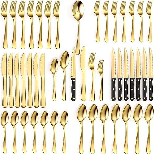 Tribal Cooking 49 Piece Gold Silverware Set - Service for 8 - Stainless Steel Gold Flatware serving set - Cutlery Set - Knives, Fork, and Spoon - Dishwasher Safe - Stunning Polished Finish