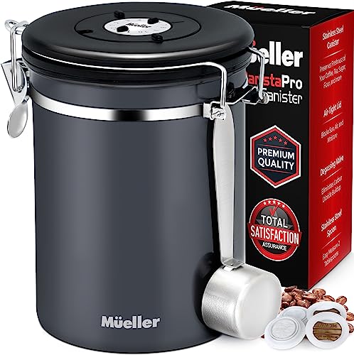 Mueller Coffee Canister Stainless Steel Container for Coffee Beans or Grounds, Tea, Sugar, Rice - Day and Month Tracker, Built-In Calendar Wheel - 21oz Capacity - Stainless Steel Spoon Included