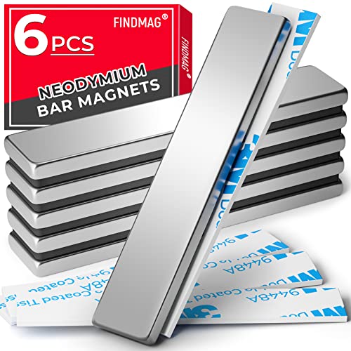 FINDMAG 6 Pack Powerful Neodymium Bar Magnets Rare Earth Magnet Bar, Strong Bar Magnets Neodymium Magnets with Double Sided Adhesive - 60 x 10 x 3 mm