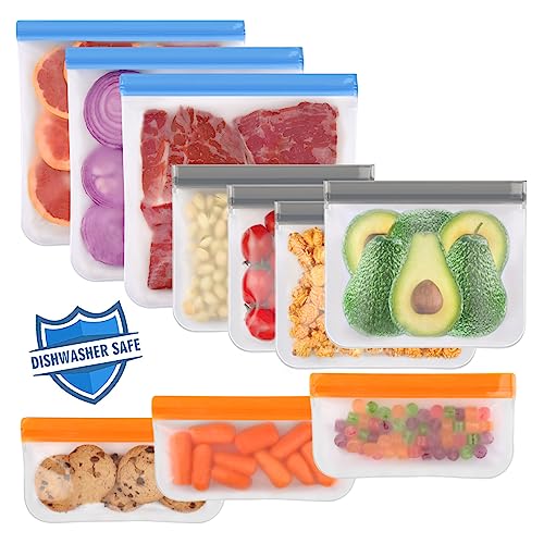 Lerine 10 Pack Dishwasher Safe Reusable Bags Silicone, Leakproof Reusable Freezer Bags, BPA Free Reusable Storage Bags for Lunch Marinate Food Travel - 3 Gallon 4 Sandwich 3 Snack Bags