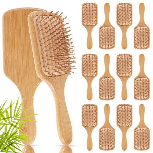 Tessco 12 Pcs Bamboo Hair Brushes for Women Bulk Paddle Brush Lightweight Massage Hair Brush Bamboo Bristles Anti Static for Homeless Women Men Kids Massage Scalp Styling Curly Long Hair (Natural)