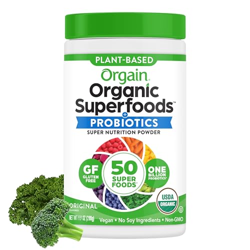 Orgain Organic Greens Powder + 50 Superfoods, Original - 1 Billion Probiotics for Gut Health, Antioxidants, Vegan, Plant Based, Gluten Free, Non GMO, Dairy Free Juice & Smoothie Mix - 0.62lb