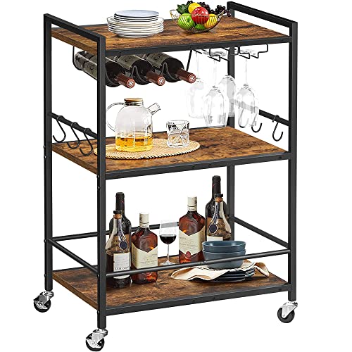 TUTOTAK Bar Cart, Serving Cart for Home, Microwave Cart, Drink Cart, Mobile Kitchen Shelf with Wine Rack and Glass Holder, Rolling Beverage Cart BC01BB030