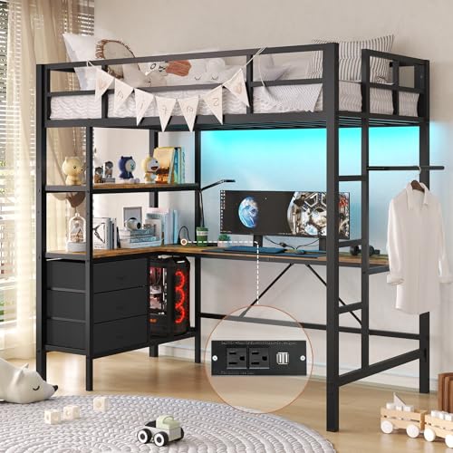 DICTAC Twin Metal Loft Bed with L-Shaped Desk, LED Lights,Charging Station LED Loft Bed Frame Twin Size with 3 Storage Shelves and 3 Fabric Drawers, Safety Guard & Ladder, No Box Spring Needed, Black