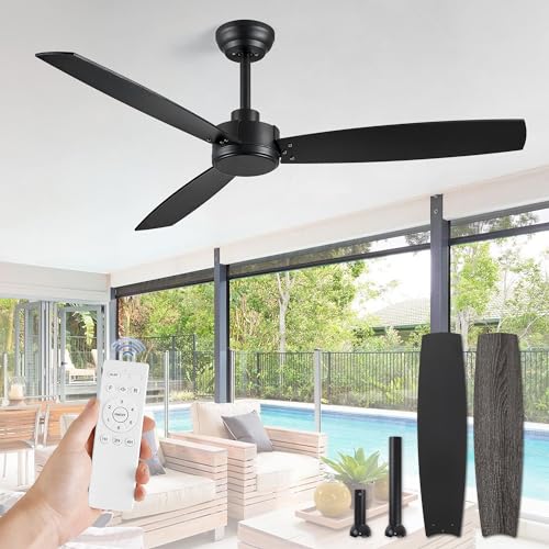 ZMISHIBO 52 Inch Outdoor Ceiling Fan with Remote, Black Ceiling Fan No Light with Quiet Reversible DC Motor, 6 Speeds, 3 Blade Modern Ceiling Fans for Patio Living Room Bedroom Indoor