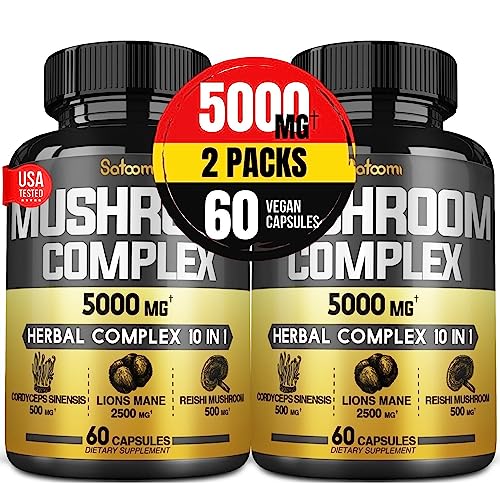 10 in 1 Mushroom Complex Supplements Capsules 5000mg - 4 Month Supply - Blends with Lions Mane, Cordyceps, Reishi, Chaga, Maitake, Shitake & Others - Body Health & Immune Support - 2 Packs 60 Capsules