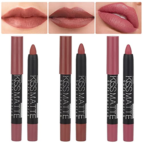 evpct 3Pcs Nude Beige Matte Lip Liner Crayon Pencil and Lipstick Set Chestnut Brown Mauve Thick Matte 24 Hour Long Lasting Waterproof Lipstick 5&6&9