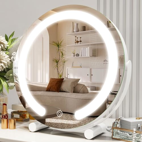 ROLOVE 12 Inch Vanity Mirror with Lights, Round Light Up Makeup Mirror, LED Mirror Makeup Mirror with Lights for Bedroom Tabletop, Smart Touch Control 3 Colors Dimmable, 360° Rotation (White)