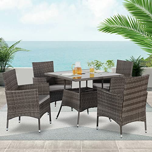 Wisteria Lane 5-Piece Wicker Outdoor Table and Chairs, Patio Dining Set w/Square Glass Tabletop and Umbrella Hole, Patio Table and Chairs Set for Backyard Deck Balcony Front Porch, Brown