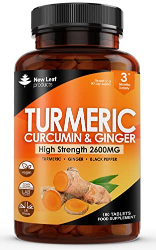 Turmeric Tablets 2600mg with Black Pepper & Ginger - 95% Curcumin Extract 180 and (3 Month) High Strength Active Supplements Not Capsules,by New Leaf