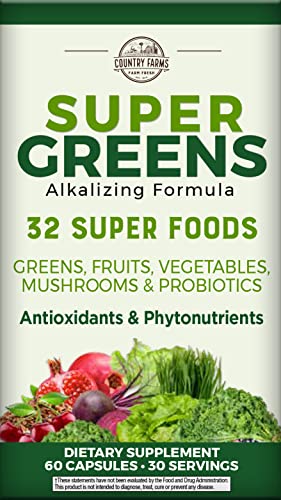 COUNTRY FARMS Super Greens Vegicaps, 32 Super Foods, Whole Food Supplement, Greens, Fruit, Vegetables, Mushrooms & Probiotics, Rich in Antioxidants & Phytonutrients, 60 Count, 30 Servings