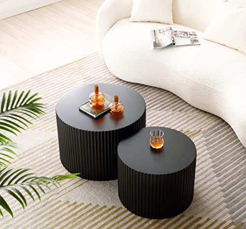 LKTART MDF Handcrafted Relief Coffee Table Set of 2 Round Nesting Table End Table for Living Room Office Black