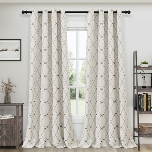 Embroidered Curtains 84 inch Length 2 Panel Set for Living Room Bedroom Cotton Linen Textured Light Reducing Farmhouse Draperies Grommet Room Darkening Window Treatment Dovy Grey Geometric Pattern