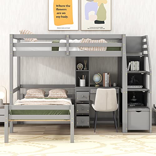 BIADNBZ L Shaped Twin Over Twin Bunk Bed with Storage Staircase, Desk, Shelves and Drawers, Wooden Loftbed with a Stand-Alone Platform Bedframe, for Kids Teens Bedroom, Gray