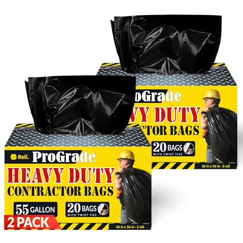 Reli. ProGrade Contractor Trash Bags 55 Gallon | 40 Bags w/Ties | Heavy Duty | 2 Mil | Black | Construction