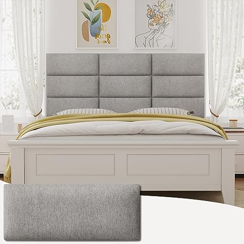 Yojoker Upholstered Wall Mounted Headboard, 3D Soundproof Wall Panels Peel and Stick Floating Headboards for Queen Size Bed, Boho Dorm Tufted Bed Headboard in Gray (9 Panels, 10