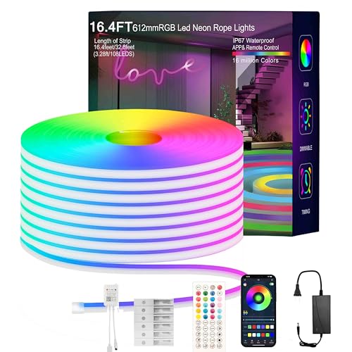 MFWW Neon Rope Lights, 16.4FT RGB LED Strip Lights App Control,IR Remote,Music Syncing,Outdoor IP67 Waterproof,Flexible DIY Design for Bedroom,Living,Gaming,Party Decoration