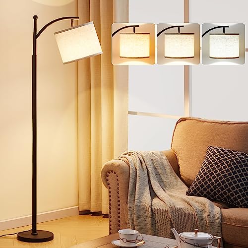 Ambimall Floor Lamps for Living Room with 3 Color Temperatures, Standing Lamp Tall with Adjustable Linen Shade, Tall Lamps for Living Room Bedroom Office Classroom Dorm Room, 9W Bulb Included