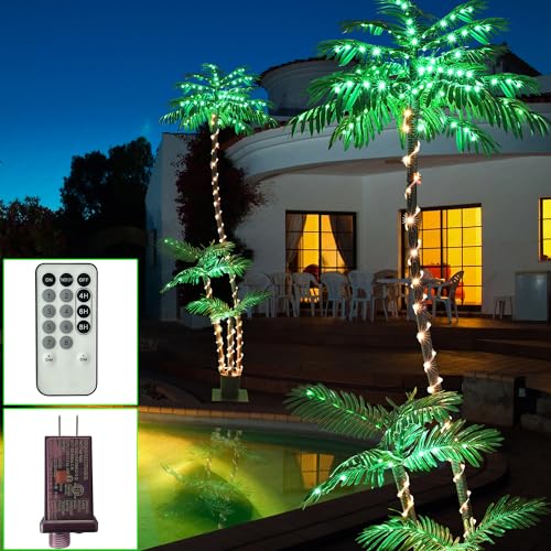 SOSHOT 7FT Lighted Artificial Palm Tree with Three Trunks and 260 LED Lights for Tiki Bars, Patios, Homes, Offices, Beaches, Yards Pool and Cruise Party