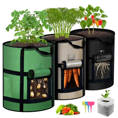3-Pack 7 Gallon Potato Grow Bags with Harvest Window, Garden Plant Growing Bags with Flap and Handles, Thickened Nonwoven Fabric Plant Pots Grow Bags for Potatoes, Tomato, Vegetable and Fruits