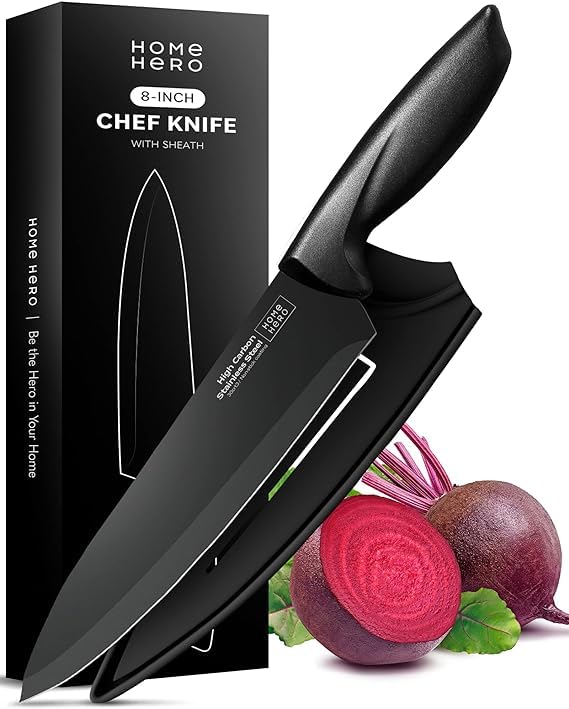 Home Hero 2 Pcs Chef Knife with Sheath - High Carbon Stainless Steel Kitchen Knife with Ergonomic Handle - Razor Sharp Multipurpose Chopping Knife (Stainless Steel 8-Inch Chef Knife)