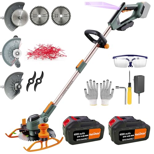 YUEWXTER Electric Weed Wacker, (21V 2x4.0A Weed Eater Battery Powered), 4-in-1 Grass Trimmer/Wheel Edger/Mini-Mower/Brush Cutter, with 2 x Saw Blades, 2 x Metal Blades, 20x Grass Cutting line