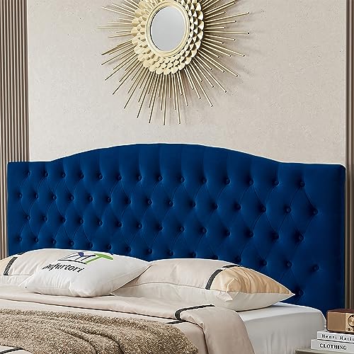 Befurtori Velvet Upholstered King/Cal King Headboard, Tufted Button Headboard for King/Cal King Bed, Curved Integrated Design with Tufted Solid Wood Head Board and Luxury Soft Padded, Navy Blue