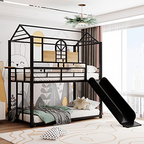 Lostcat Metal House Bunk Bed with Slide,Twin Over Twin Bunk Bed with Safety Guardrails and Roof Design for Kids,Teens, Girls, Boys,No Box Spring Required,Black