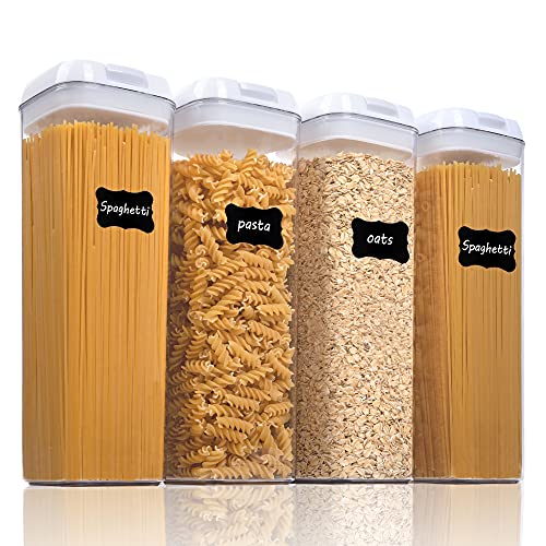 Vtopmart Airtight Food Storage Containers, 4 Pieces BPA Free Plastic Spaghetti Containers with Easy Lock Lids, for Kitchen Pantry Organization and Storage, Include 24 Labels