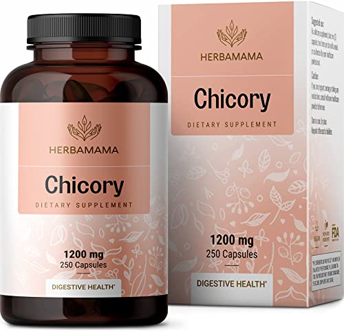 HERBAMAMA Organic Chicory Root Supplement - Supports Digestion, Gut Health, Liver, & Colon Function w/Inulin, a Prebiotic Fiber Supplement - Brain & Immune Booster - Non-GMO 250 Capsules