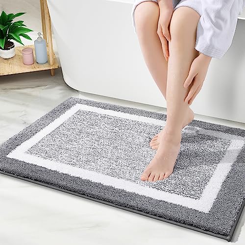 OLANLY Bathroom Rugs 30x20, Extra Soft and Absorbent Microfiber Bath Mat, Non-Slip, Machine Washable, Quick Dry Shaggy Bath Carpet, Suitable for Bathroom Floor, Tub, Shower (Grey and White)