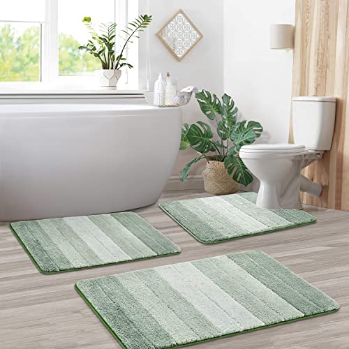 Kmson 3 Pcs Ombre Bathroom Rugs Set with U-Shaped Mat, Non Slip,Quick Drying, Ultra Soft and Water Absorbent Bath Carpet for Bedroom Floor Living Room,Machine Washable,Green