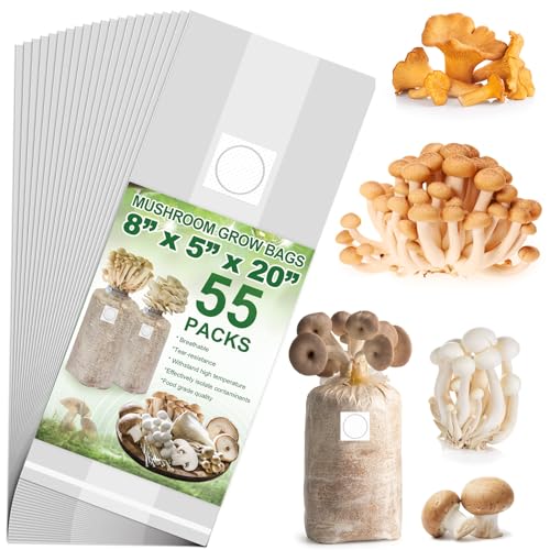 REMIAWY Mushroom Grow Bags, 55 Pack Extra Thick 6 Mil Polypropylene Mushroom Spawn Bag 8