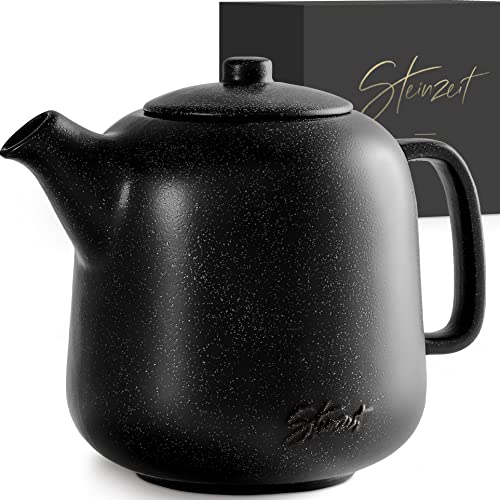 Steinzeit Design Tea Pot (44 oz) - Premium Ceramic Teapot with Infuser for Loose Tea - Black Teapot Ceramic with Removable Strainer