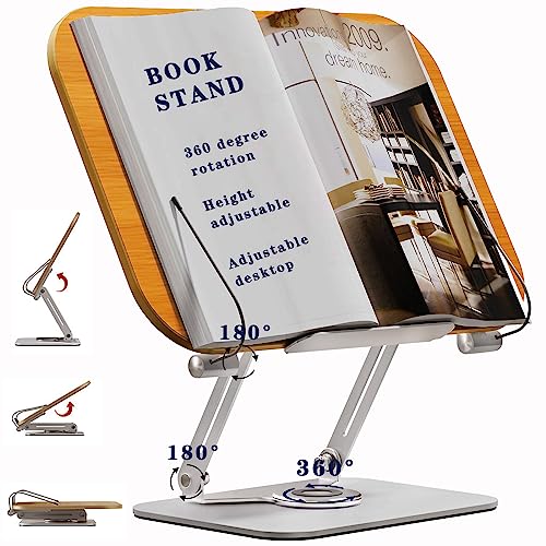 Book Stand for Reading Hands Free,Multi-Angle Adjustable Book Holder Stand with 360° Rotating Base & Page Clips,Foldable Cookbook Stand for Laptop Display Textbook Recipe Book Document Sheet Music