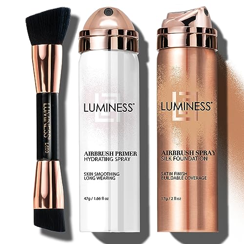 LUMINESS Silk Airbrush Spray Foundation Makeup Starter Kit - Full Coverage Foundation, Primer & Dual-Sided Buffing Brush - Buildable Coverage, Anti-Aging Formula Hydrates & Moisturizes (Shade - Warm)