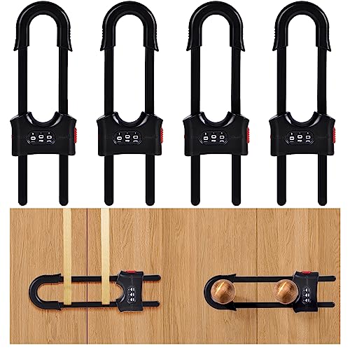 HonesaLoc 4 Packs U-Shaped Sliding Cabinet Locks, Baby Proofing Cabinets with Adjustable Child Safety Lock, Childproof Latches for Knobs, Handles on Kitchen Doors and Home Drawers Closet - Black