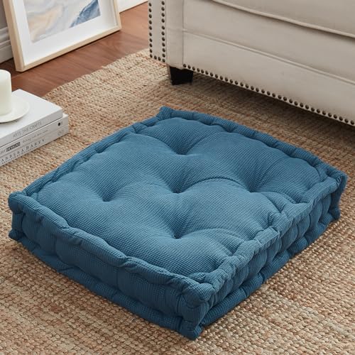AHNJM Floor Pillows for Adults - Large Square Floor Cushions Foam Filling - Tufted Thick Meditation Pillow for Yoga - Floor Seating with Corduroy Surface 20”X 20” X 5” Blue
