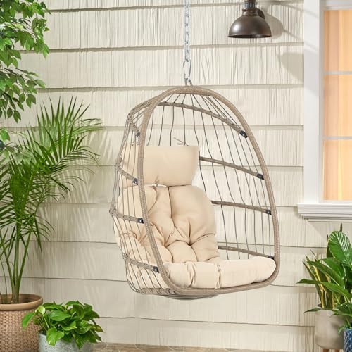 Indoor Outdoor Hanging Egg Chair, Swing Egg Basket Chairs with UV Resistant Cushions 350lbs Capacity for Patio Wicker Backyard Balcony Xmas Gift, Without Stand, Beige