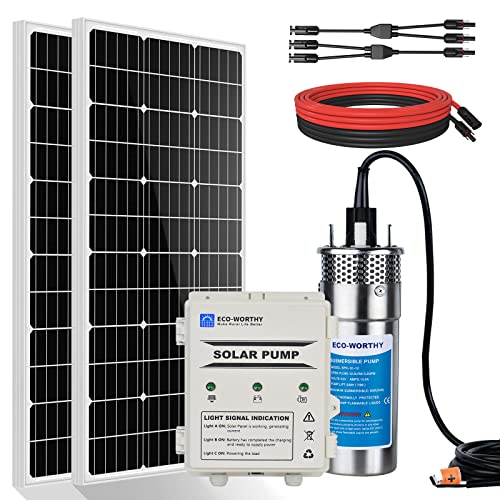 ECO-WORTHY Solar Deep Well Water Pump Kit 12V DC Submersible Water Pump with 2pcs 100W Mono Solar Panel 10AH Battery Controller for Well Pond Home Farm Stainless Steel