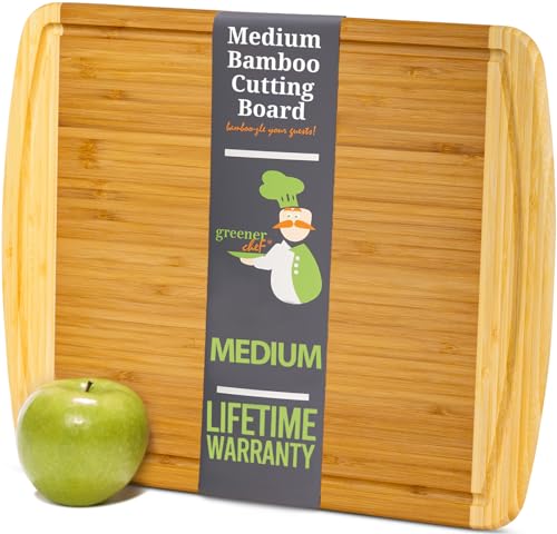GREENER CHEF 15 Inch Medium Cutting Board with Lifetime Replacements, Bamboo Cutting Boards for Kitchen, Butcher Block, Medium Wooden Chopping Board for Meat, Veggies, Non Toxic Charcuterie Board