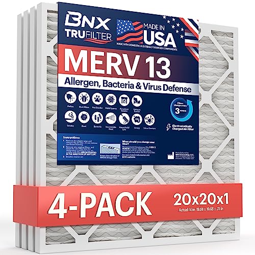 BNX TruFilter 20x20x1 MERV 13 (4-Pack) AC Furnace Air Filter - MADE IN USA - Electrostatic Pleated Air Conditioner HVAC AC Furnace Filters - Removes Pollen, Mold, Bacteria, Smoke