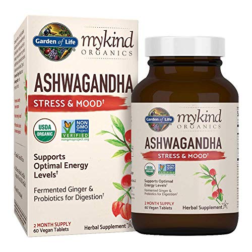 Garden of Life Organics Ashwagandha Stress, Mood & Energy Support Supplement with Probiotics & Ginger Root for Digestion - Vegan, Gluten Free, Non GMO – 2 Month Supply, 60 Tablets