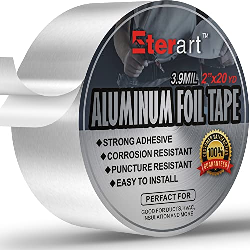 ETERART Aluminum Foil Duct Tape Heavy Duty,High Temperature Sealing and Patching,Perfect for HVAC,Air Ducts,Metal Repair,Foamboard,Insulation,Dryer Vent and More,2 Inches x 20 Yards,Silver