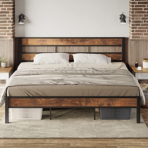 LIKIMIO King Bed Frame, Easy Assembly, Noise-Free, No Box Spring Needed, Heavy Strong Metal Support Frames, Double-Row Support Bars, Vintage Brown