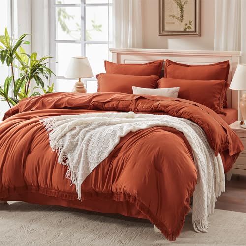Andency King Size Comforter Set with Sheets Burnt Orange - 7 Pieces Bed in a Bag Boho Soft Lightweight Bedding Sets, Terracotta Rust Tassel Bed Set with Comforter, Sheets, Pillowcases & Shams